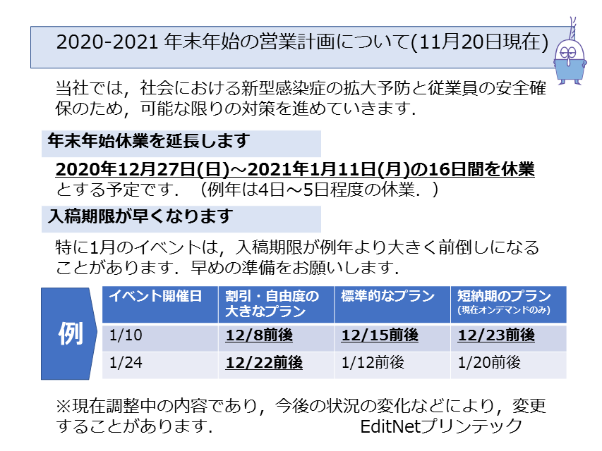 2020年～21年の年末年始の営業スケジュール．内容は概ね本文に記載した通り．